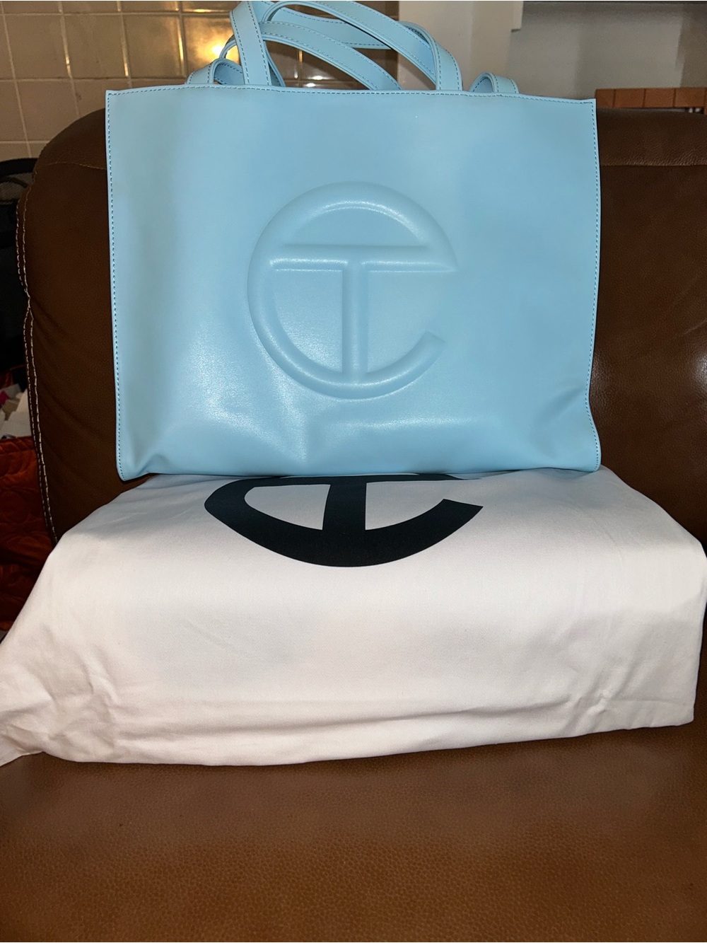 Telfar Light Blue Shopping Tote. Comes with blue bag shaper for free.